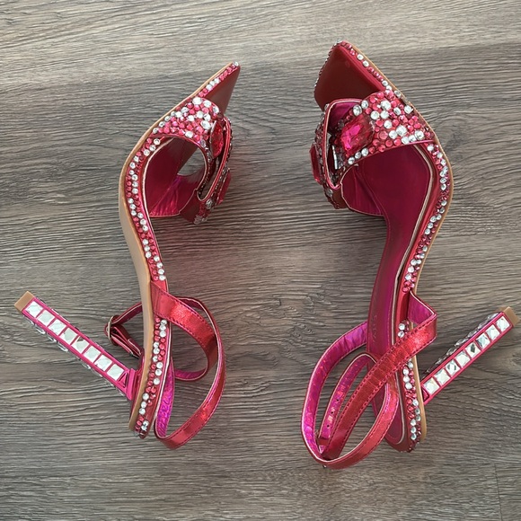 Azalea Wang Pink Rhinestone Heeled Sandals-7 - Picture 6 of 8